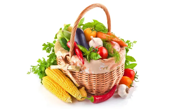 Picture greens, corn, eggplant, pepper, basket, vegetables, tomatoes, carrots