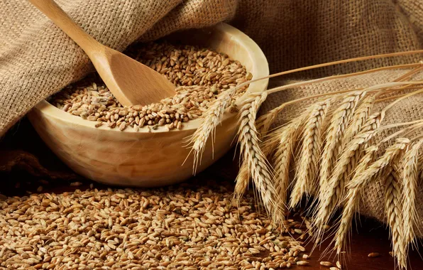 Wheat, grain, spikelets, ears, bowls