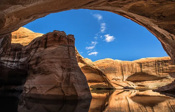 Picture lake, rocks, arch, Utah, USA, San Juan