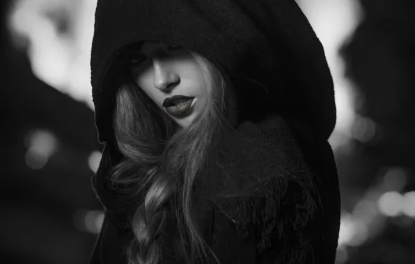Girl, hood, braid, black and white photo