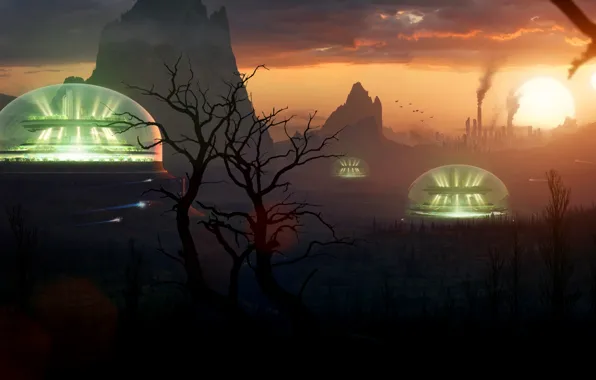 The sky, clouds, mountains, pipe, tree, star, the dome, Domes of Hope