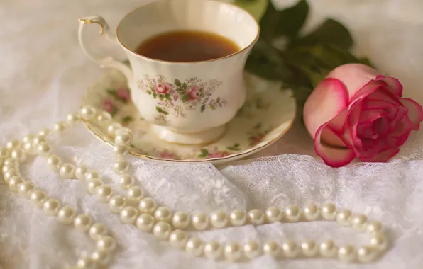 Picture rose, Cup, rose, cup, drink, tea, tea, pearls
