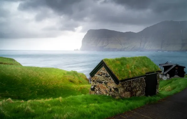 Sea, mountains, rocks, shore, house, Faroe Islands, The Faroe Islands