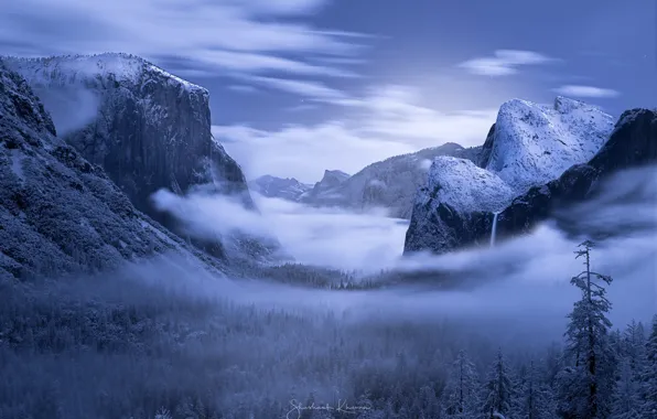Winter, forest, snow, mountains, night, Yosemite valley