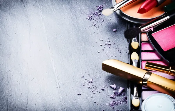 Lipstick, mascara, shadows, brush, cosmetics
