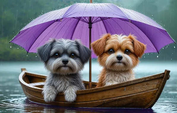 Boat, umbrella, dogs, faces, AI art