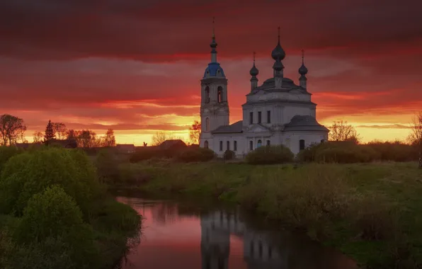 Picture landscape, sunset, nature, Church, river, Maxim Evdokimov