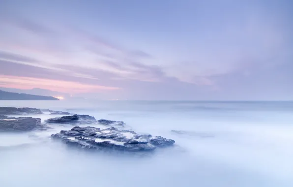 Picture sea, fog, stones, the ocean, dawn