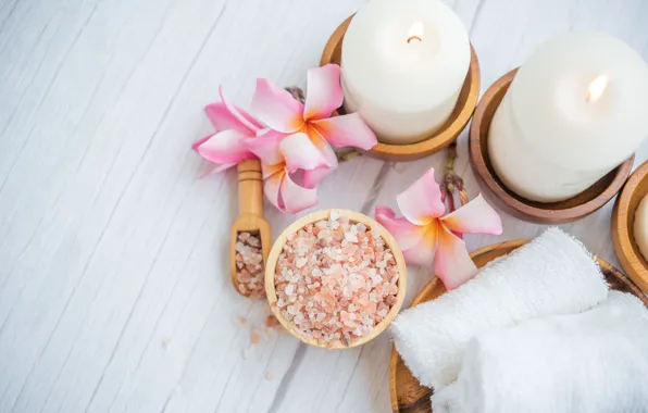 Flowers, Board, towel, candles, pink, bowl, white, light background