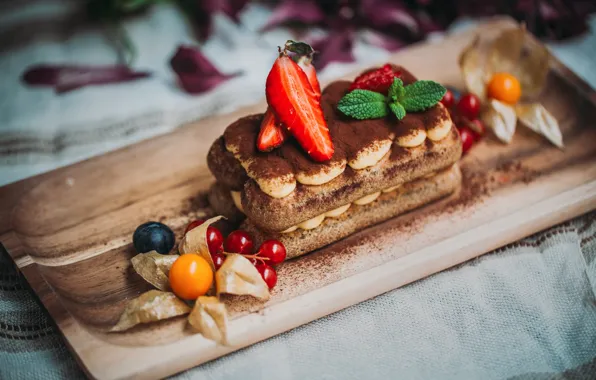 Strawberry, cake, physalis, tiramisu