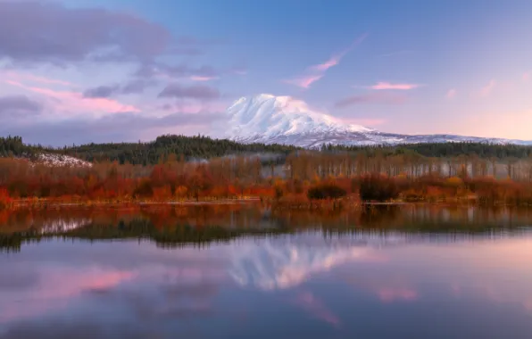 Autumn, forest, the sky, clouds, mountains, lake, reflection, shore