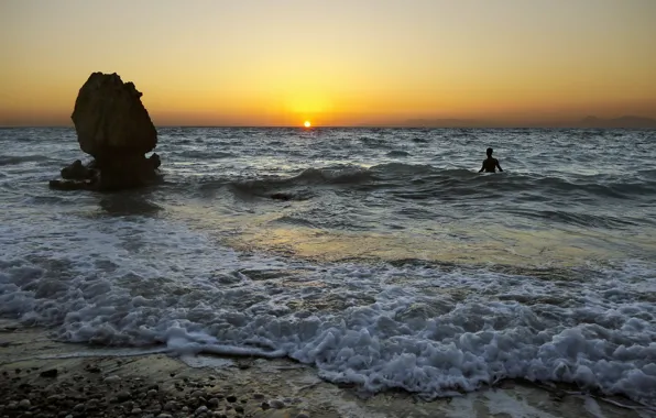 Sea, landscape, sunset, people