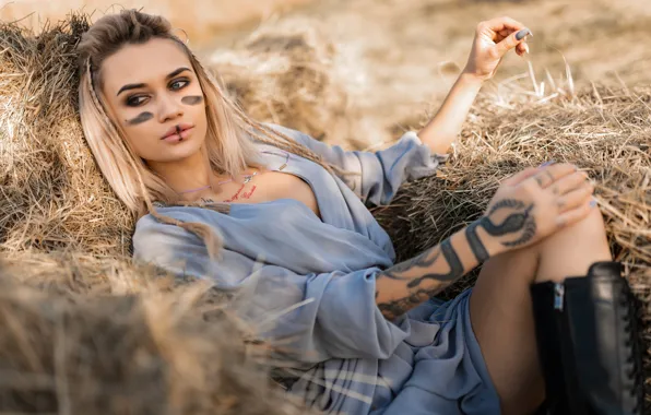 Look, girl, face, pose, boots, hands, makeup, tattoo