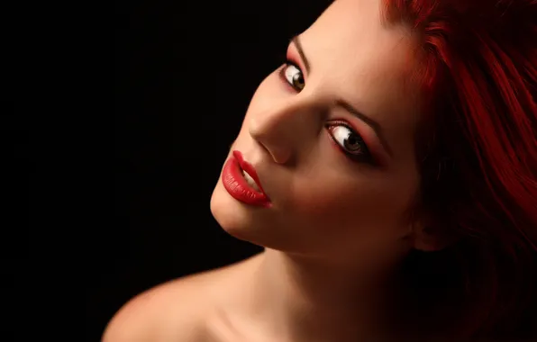 Look, face, model, makeup, lips, black background, Ariel, closeup