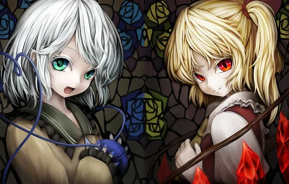 Tangle, girls, pattern, wings, art, stained glass, crystals, red eyes
