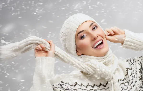 Picture girl, snow, joy, the wind, scarf, cap, brown-eyed