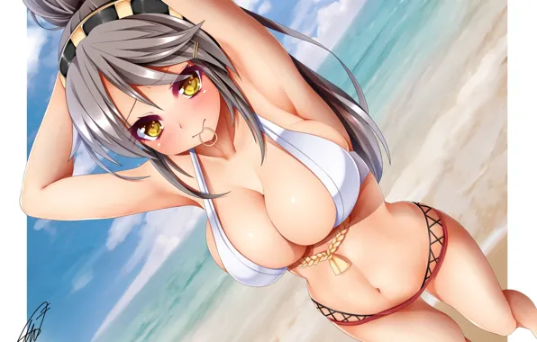 Kawaii, sexy, beach, boobs, big, breast, anime, brunette