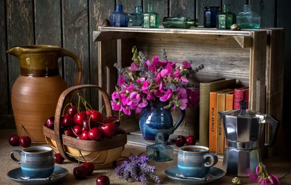 Flowers, bubbles, style, berries, books, coffee, Cup, shelf