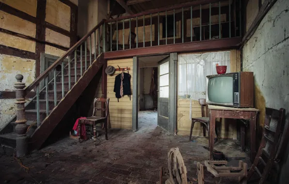 Interior, TV, ladder, desolation, entrance hall, everything left somewhere on the German, abandoned guest house, …