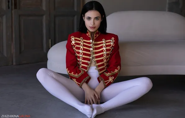 Picture look, girl, pose, brunette, tights, legs, on the floor, uniform