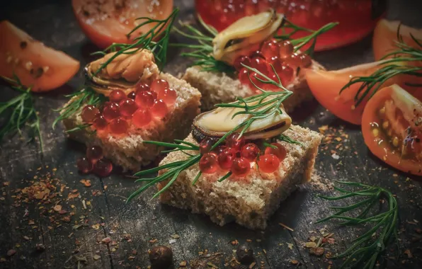 Dill, bread, tomatoes, caviar, mussels