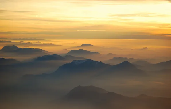 Light, mountains, fog, morning, Alps, Italy