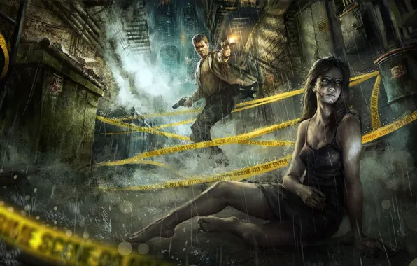 Picture girl, night, the city, weapons, rain, guns, tape, guy