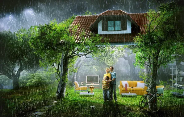 Picture house, rain, family, living room