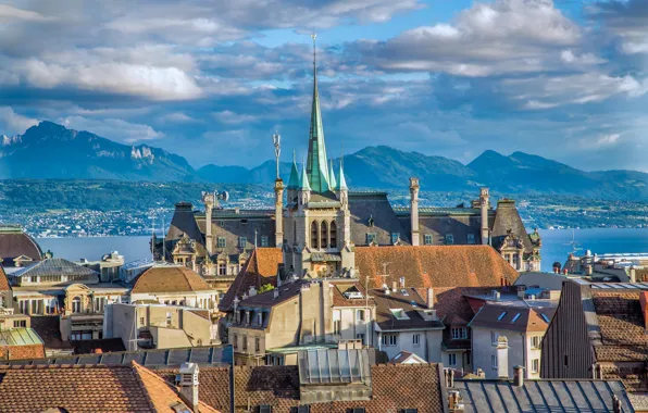 Mountains, lake, Switzerland, architecture, Lausanne