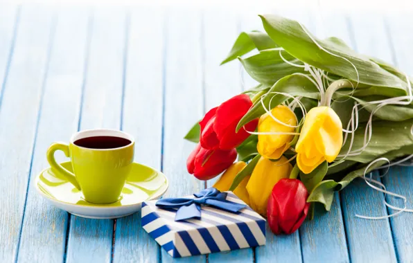 Flowers, heart, colorful, tulips, heart, wood, cup, romantic