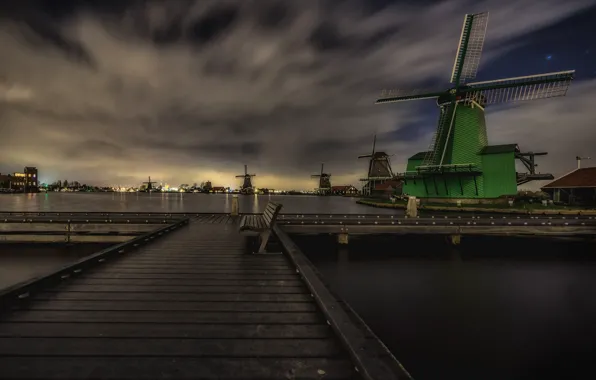 Clouds, night, lights, Netherlands, bench, windmill, The Zaanse Schans
