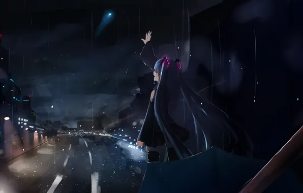 Picture road, girl, the city, rain, home, anime, art, vocaloid
