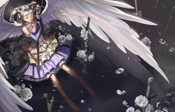 Girl, weapons, roses, wings, sword, anime, eternita