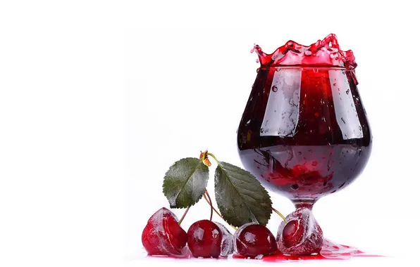 Ice, drops, cherry, berries, glass, ice, cocktail, cherry