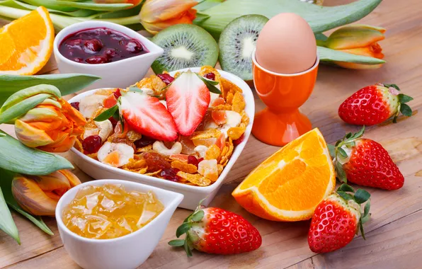 Picture egg, orange, Breakfast, kiwi, strawberry, fruit, jam, orange