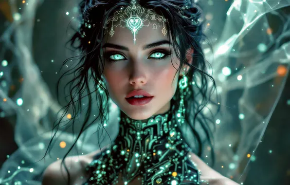 Eyes, look, girl, lights, magic, portrait, brunette, fantasy