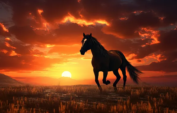 Sunset, horse, horse, AI art, neural network