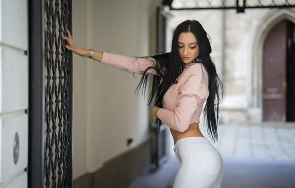 Sexy, pose, pink, jeans, makeup, figure, brunette, hairstyle
