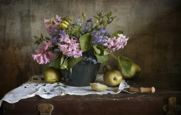 Leaves, flowers, table, background, bouquet, spring, knife, vase