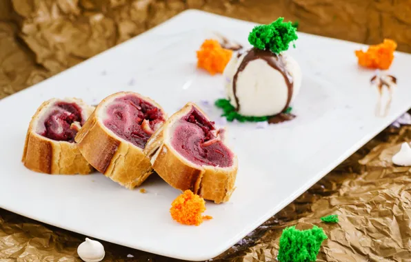 Cherry, chocolate, plate, pie, ice cream, dessert, sweet, chocolate