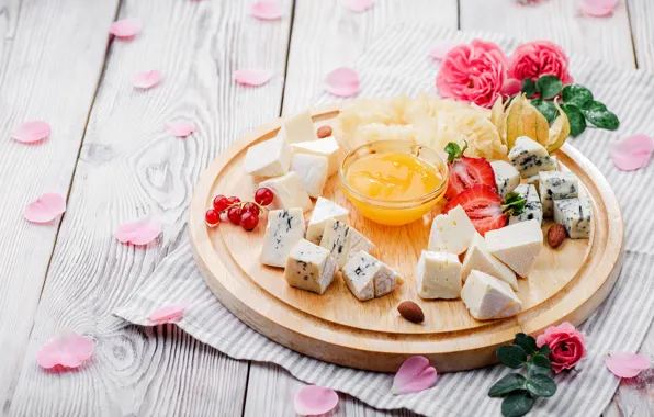 Roses, petals, cheese, strawberry, honey, currants, cuts
