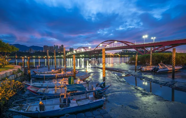 Picture clouds, landscape, mountains, bridge, lights, river, boat, home