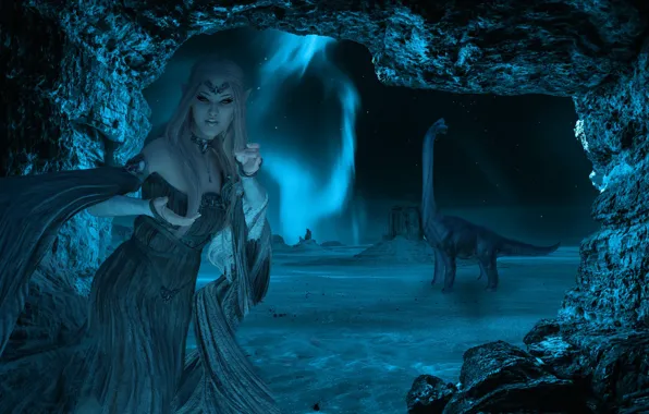 Mountains, night, pose, rock, woman, dinosaur, Northern lights, dress