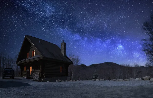 Winter, field, machine, stars, night, house, The milky way
