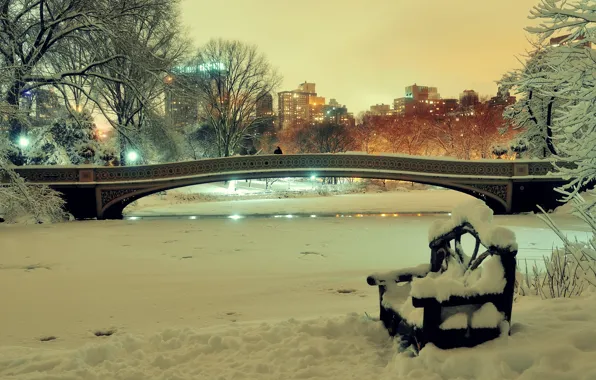 Picture winter, snow, trees, bridge, city, Park, landscape, bridge