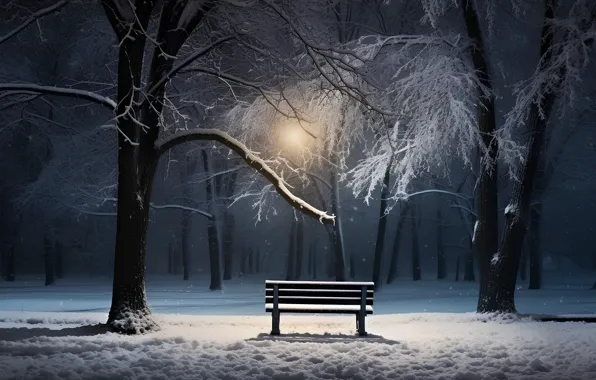 Winter, snow, trees, bench, night, lights, Park, Christmas