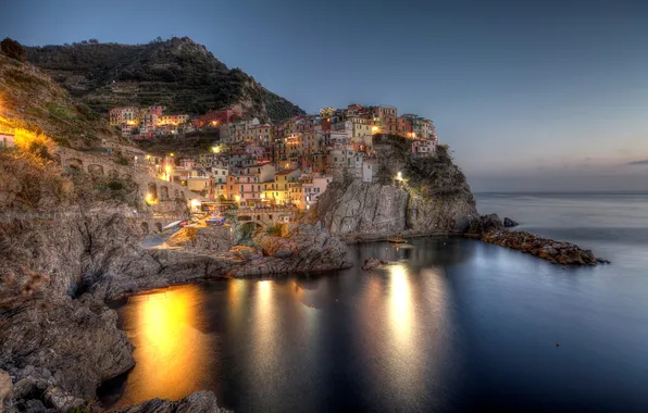 Picture sea, night, lights, stones, rocks, coast, home, Bay