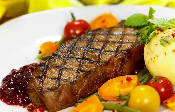 Tomatoes, potatoes, meat dish, steak