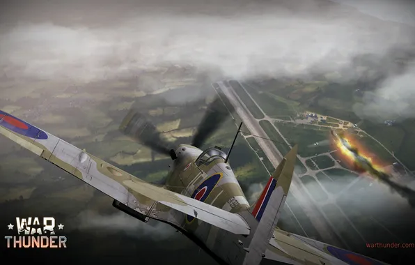 Picture fire, flame, smoke, fighter, bomber, the airfield, British, Spitfire