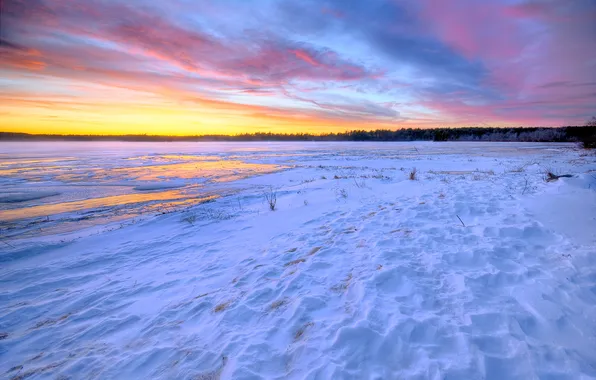 Winter, the sky, clouds, snow, sunset, lake